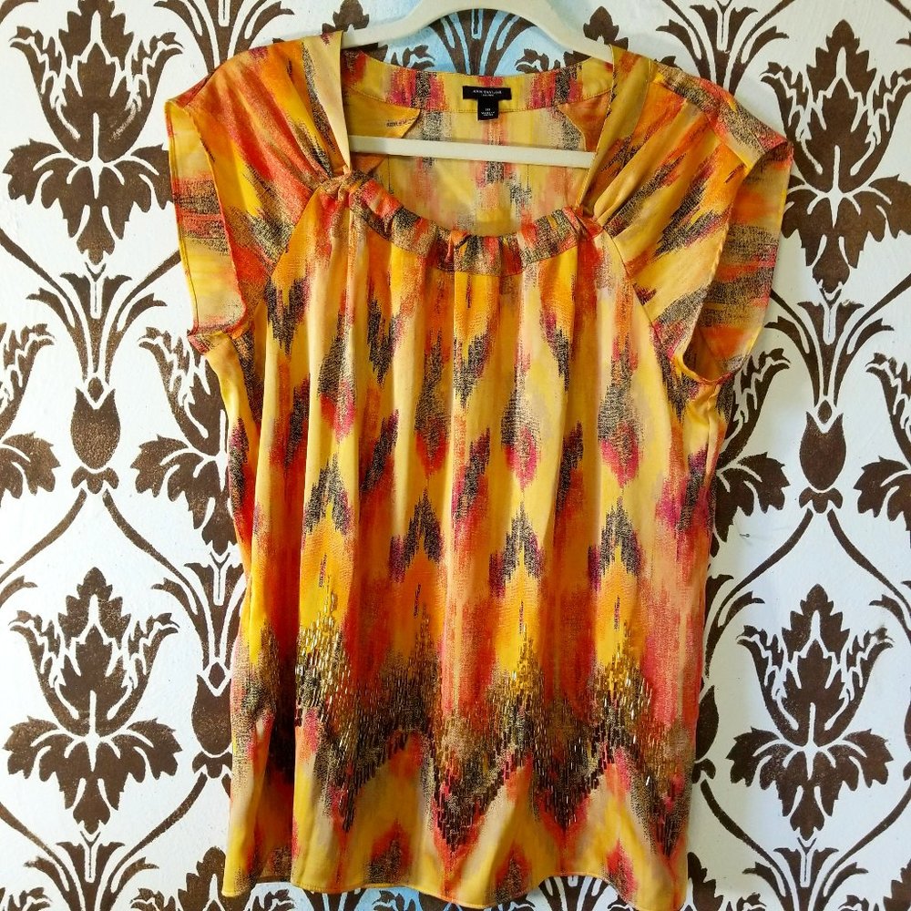 ANN TAYLOR Orange Beaded-Embellished Satin-Short Sleeve TOP-WOMEN'S 10 EUC!